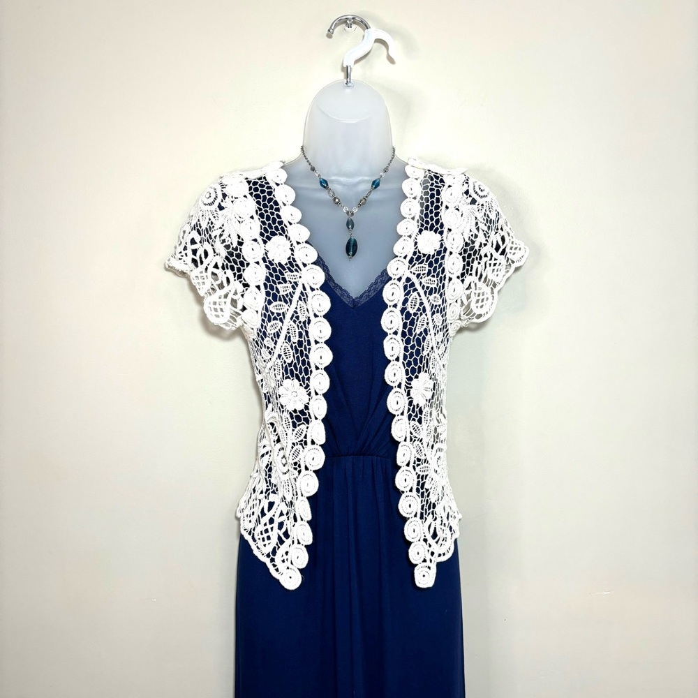 Navy Blue Maxi Dress Lace Cap Sleeves Lace Back Semi-Formal Casual - Picture 16 of 16